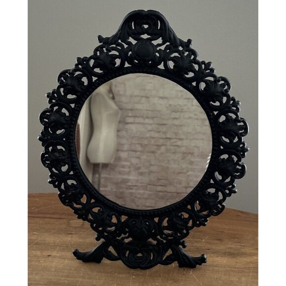 Black Cast Iron Easel Mirror Round Freestanding Tabletop Dresser Vintage - Picture 3 of 4